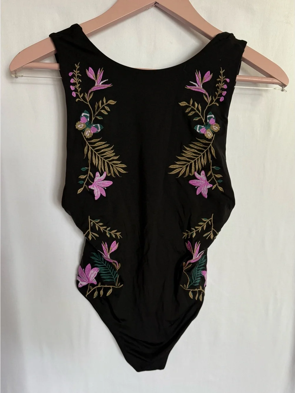 H&M Black One-Piece Swimsuit with Pink & Green Floral Embroidery